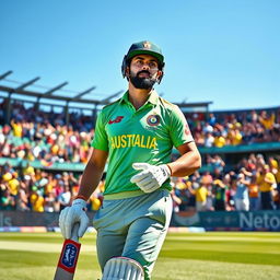 Virat Kohli in an Australian cricket jersey, standing confidently on a cricket field, bat in hand, with a focused expression, bright green grass underfoot, blue sky in the background, stadium packed with cheering fans wearing a mix of Australian and Indian jerseys