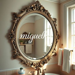 A beautifully detailed bathroom scene featuring a large, ornate mirror reflecting soft ambient light