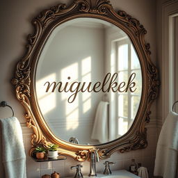 A beautifully detailed bathroom scene featuring a large, ornate mirror reflecting soft ambient light