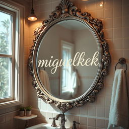 A beautifully detailed bathroom scene featuring a large, ornate mirror reflecting soft ambient light