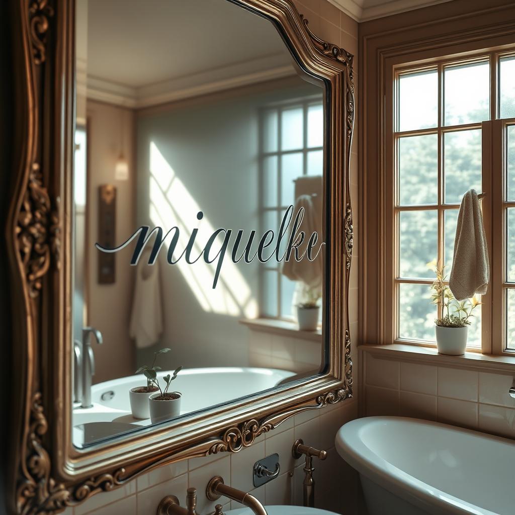 A beautifully detailed bathroom scene featuring a large, ornate mirror reflecting soft ambient light