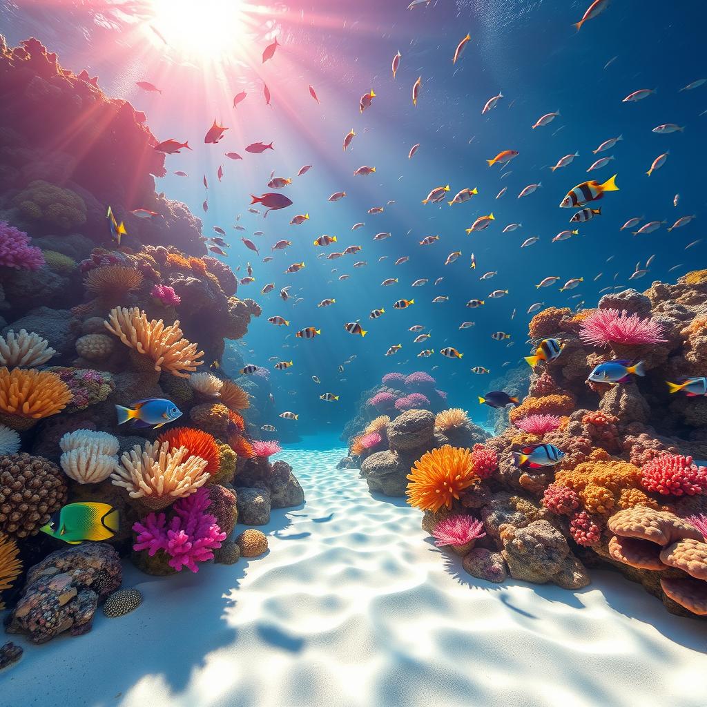 A vibrant underwater scene showcasing a colorful coral reef teeming with diverse marine life for an aquarium poster