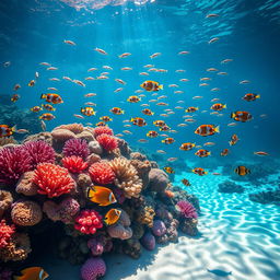 A vibrant underwater scene showcasing a colorful coral reef teeming with diverse marine life for an aquarium poster