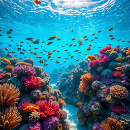 A vibrant underwater scene showcasing a colorful coral reef teeming with diverse marine life for an aquarium poster