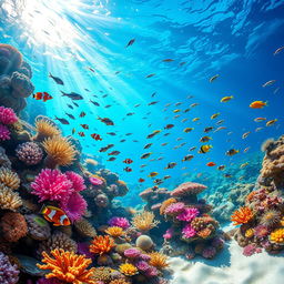 A vibrant underwater scene showcasing a colorful coral reef teeming with diverse marine life for an aquarium poster