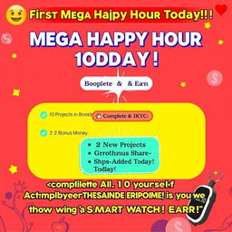 A vibrant digital poster announcing a Mega Happy Hour event, filled with excitement and energy
