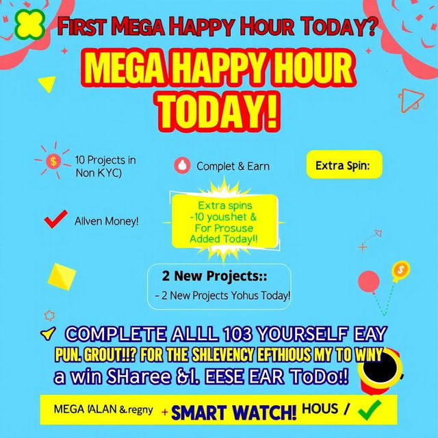 A vibrant digital poster announcing a Mega Happy Hour event, filled with excitement and energy