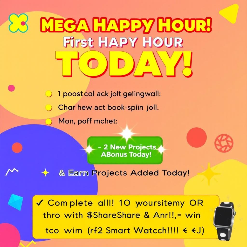 A vibrant digital poster announcing a Mega Happy Hour event, filled with excitement and energy