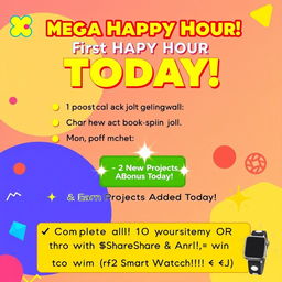 A vibrant digital poster announcing a Mega Happy Hour event, filled with excitement and energy