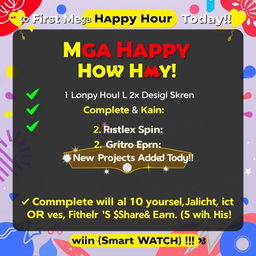 A vibrant digital poster announcing a Mega Happy Hour event, filled with excitement and energy