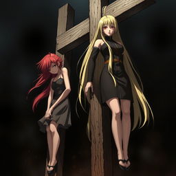 A dark and dramatic scene featuring two characters resembling Sakura Haruno and Tsunade Senju, both crucified on large T-shaped wooden crosses