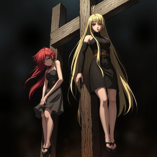 A dark and dramatic scene featuring two characters resembling Sakura Haruno and Tsunade Senju, both crucified on large T-shaped wooden crosses