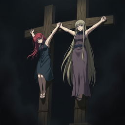 A dark and dramatic scene featuring two characters resembling Sakura Haruno and Tsunade Senju, both crucified on large T-shaped wooden crosses