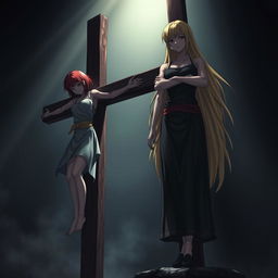 A dark and dramatic scene featuring two characters resembling Sakura Haruno and Tsunade Senju, both crucified on large T-shaped wooden crosses
