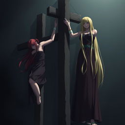 A dark and dramatic scene featuring two characters resembling Sakura Haruno and Tsunade Senju, both crucified on large T-shaped wooden crosses