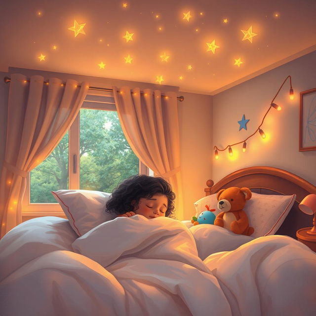 A cozy bedroom scene depicting a little girl peacefully dreaming in her bed