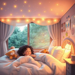 A cozy bedroom scene depicting a little girl peacefully dreaming in her bed