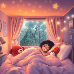A cozy bedroom scene depicting a little girl peacefully dreaming in her bed