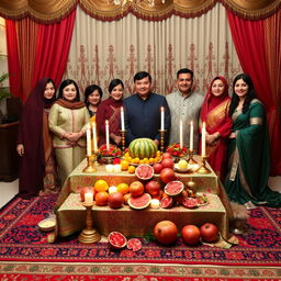 A vibrant Yalda ceremony scene featuring a beautifully arranged table set with traditional Persian items