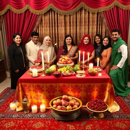 A vibrant Yalda ceremony scene featuring a beautifully arranged table set with traditional Persian items