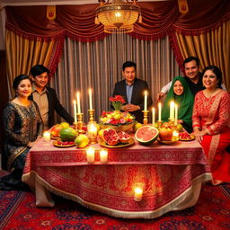 A vibrant Yalda ceremony scene featuring a beautifully arranged table set with traditional Persian items