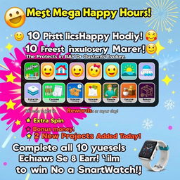 A vibrant digital poster celebrating a Mega Happy Hour event