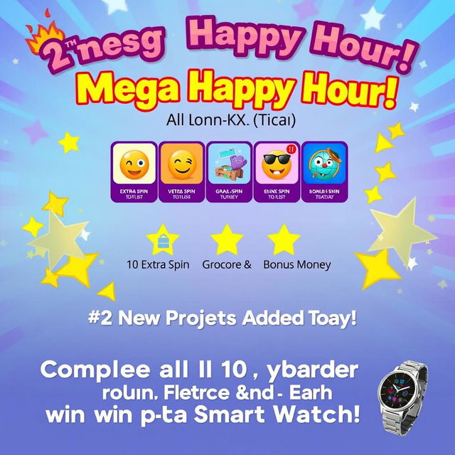 A vibrant digital poster celebrating a Mega Happy Hour event