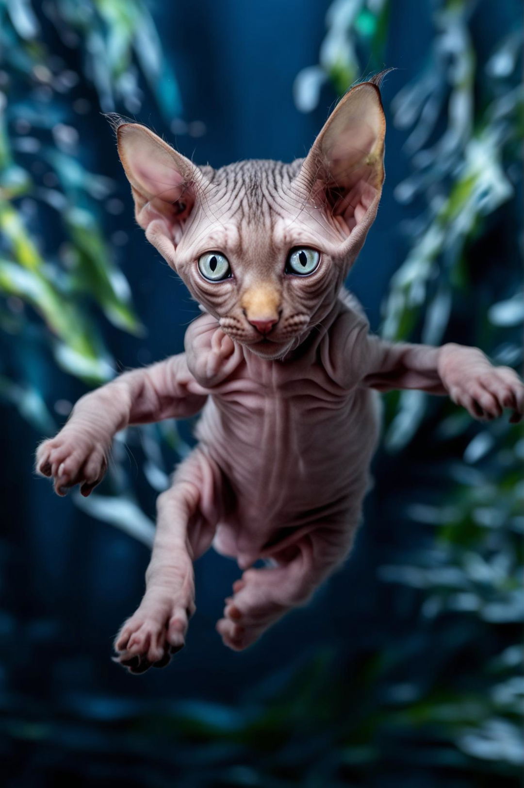 An action shot of a baby sphinx kitten in mid-jump