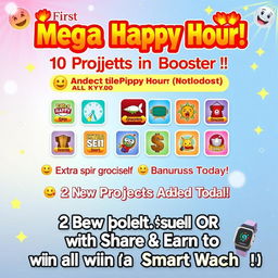 A vibrant digital poster celebrating a Mega Happy Hour event