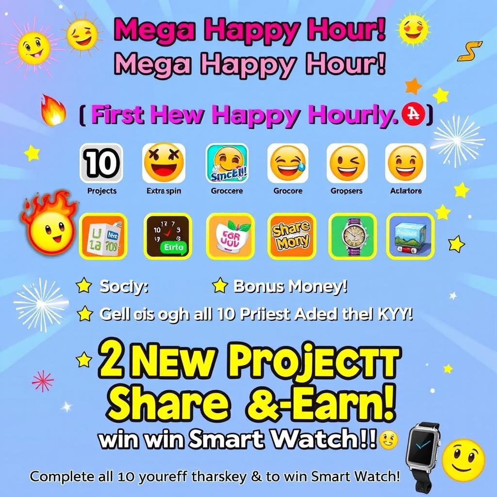 A vibrant digital poster celebrating a Mega Happy Hour event