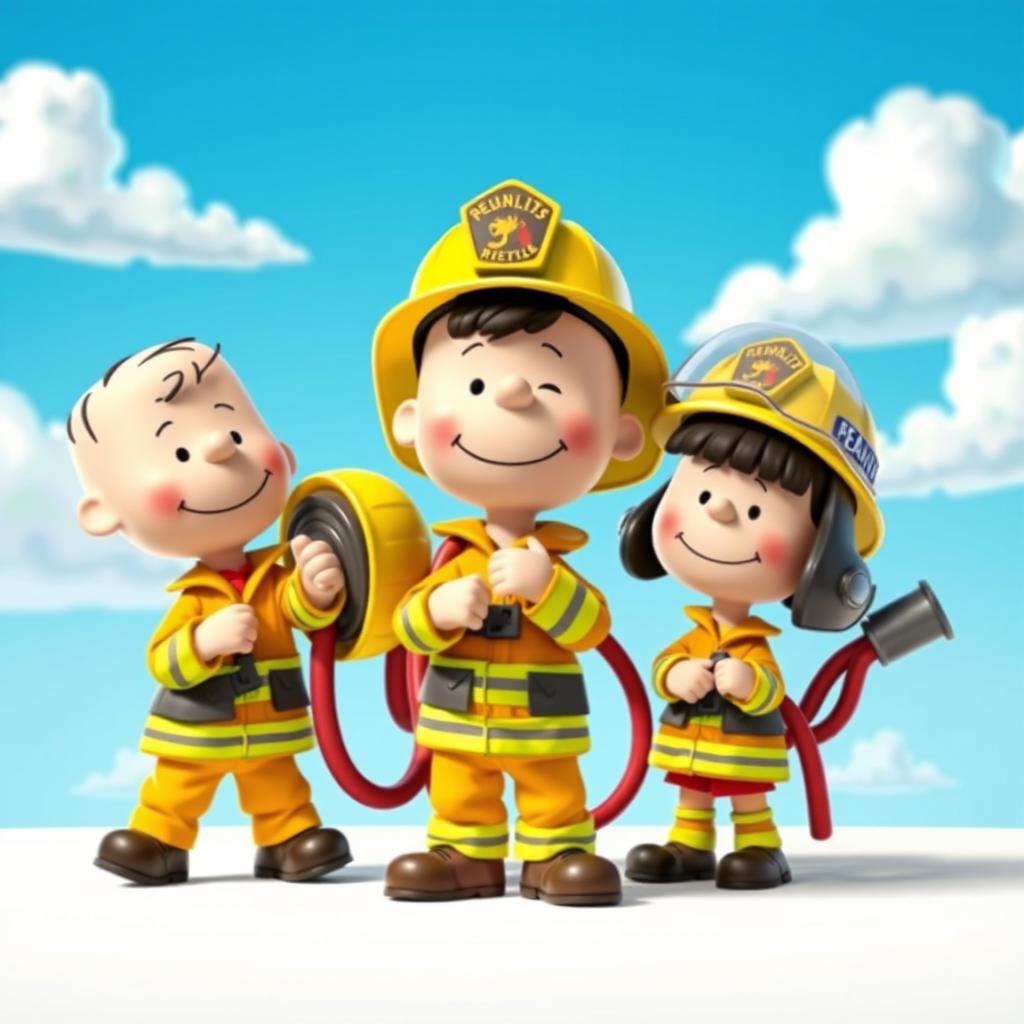 Cartoon characters from the Peanuts comic strip dressed in vibrant firefighter uniforms, showcasing vivid colors and heroic poses