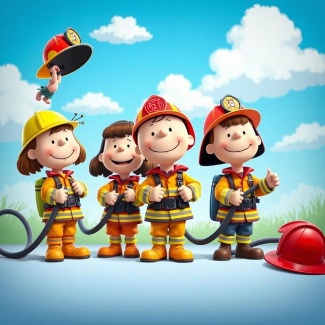 Cartoon characters from the Peanuts comic strip dressed in vibrant firefighter uniforms, showcasing vivid colors and heroic poses