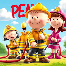 Cartoon characters from the Peanuts comic strip dressed in vibrant firefighter uniforms, showcasing vivid colors and heroic poses