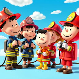 Cartoon characters from the Peanuts comic strip dressed in vibrant firefighter uniforms, showcasing vivid colors and heroic poses