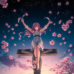 A dramatic scene featuring a character resembling Sakura Haruno, a sleeveless ninja from anime, positioned on a crucifix