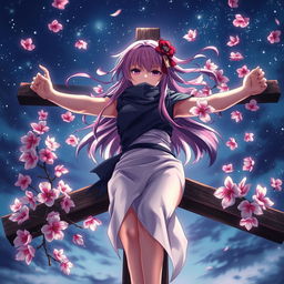 A dramatic scene featuring a character resembling Sakura Haruno, a sleeveless ninja from anime, positioned on a crucifix