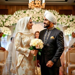 A joyous depiction of a Muslim wedding ceremony featuring a happy couple, dressed in elegant traditional wedding attire