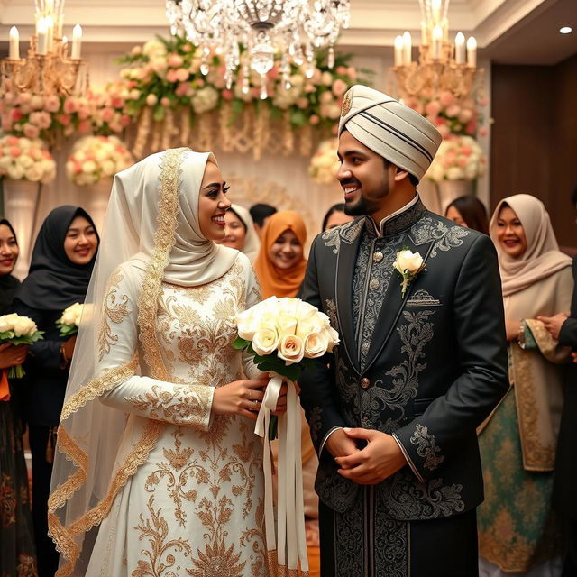 A joyous depiction of a Muslim wedding ceremony featuring a happy couple, dressed in elegant traditional wedding attire