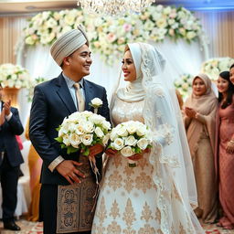 A joyous depiction of a Muslim wedding ceremony featuring a happy couple, dressed in elegant traditional wedding attire