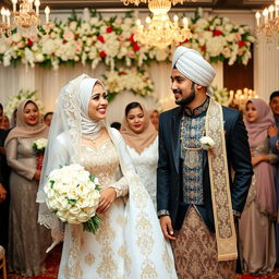 A joyous depiction of a Muslim wedding ceremony featuring a happy couple, dressed in elegant traditional wedding attire