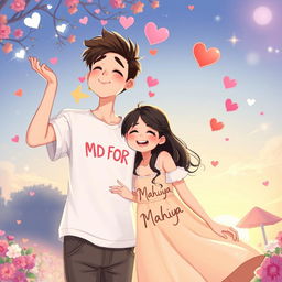 A romantic and vibrant illustration showcasing a young couple sharing a playful, energetic kiss