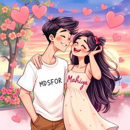 A romantic and vibrant illustration showcasing a young couple sharing a playful, energetic kiss