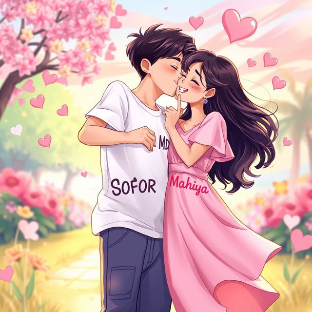 A romantic and vibrant illustration showcasing a young couple sharing a playful, energetic kiss