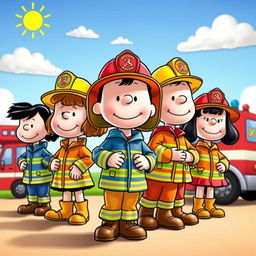 Cartoon characters from the Peanuts comic strip dressed in colorful firefighter uniforms, featuring a range of vibrant colors and playful designs