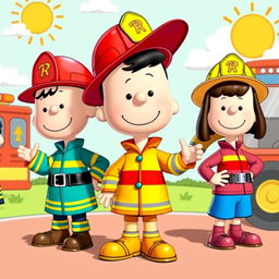 Cartoon characters from the Peanuts comic strip dressed in colorful firefighter uniforms, featuring a range of vibrant colors and playful designs