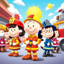 Cartoon characters from the Peanuts comic strip dressed in colorful firefighter uniforms, featuring a range of vibrant colors and playful designs