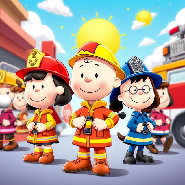 Cartoon characters from the Peanuts comic strip dressed in colorful firefighter uniforms, featuring a range of vibrant colors and playful designs