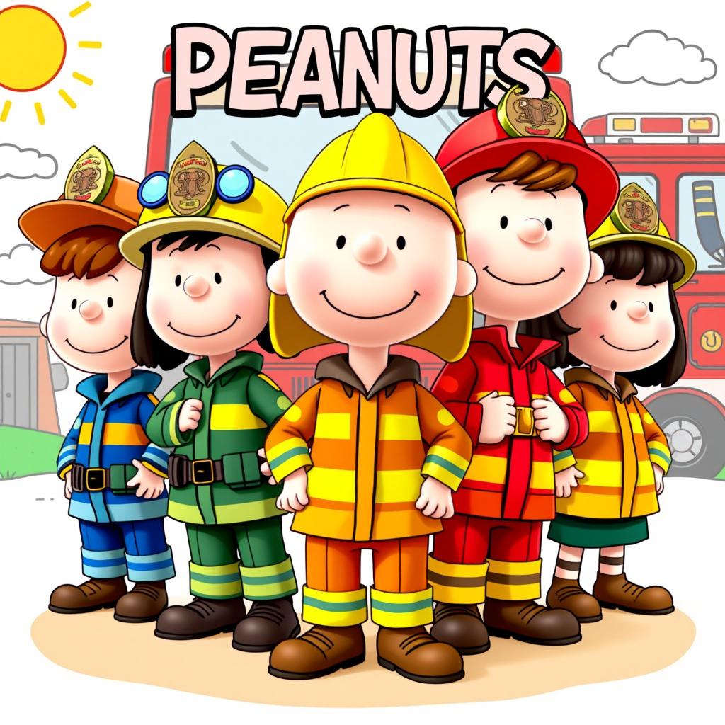 Cartoon characters from the Peanuts comic strip dressed in colorful firefighter uniforms, featuring a range of vibrant colors and playful designs