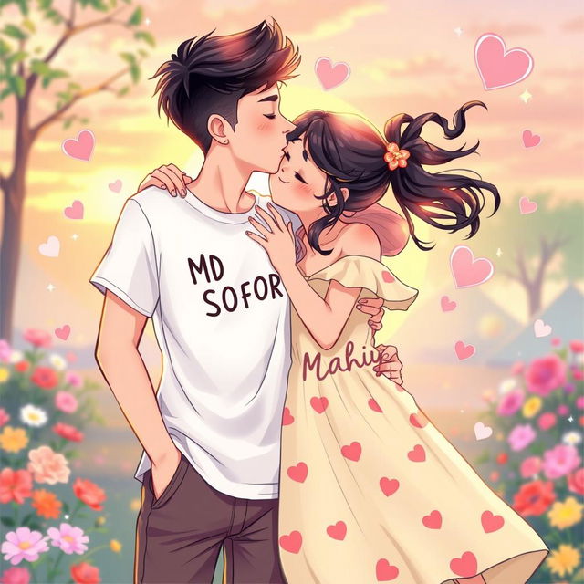 A romantic and vibrant illustration showcasing a young couple sharing a playful, energetic kiss