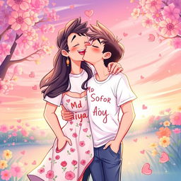 A romantic and vibrant illustration showcasing a young couple sharing a playful, energetic kiss